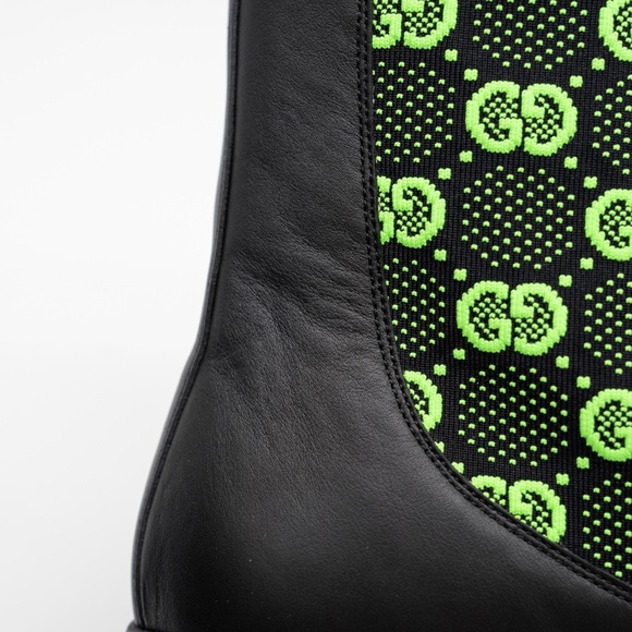 size 13G 13.5 us Gucci Chelsea GG Black Leather Pull On Boots Green - Picture 10 of 13